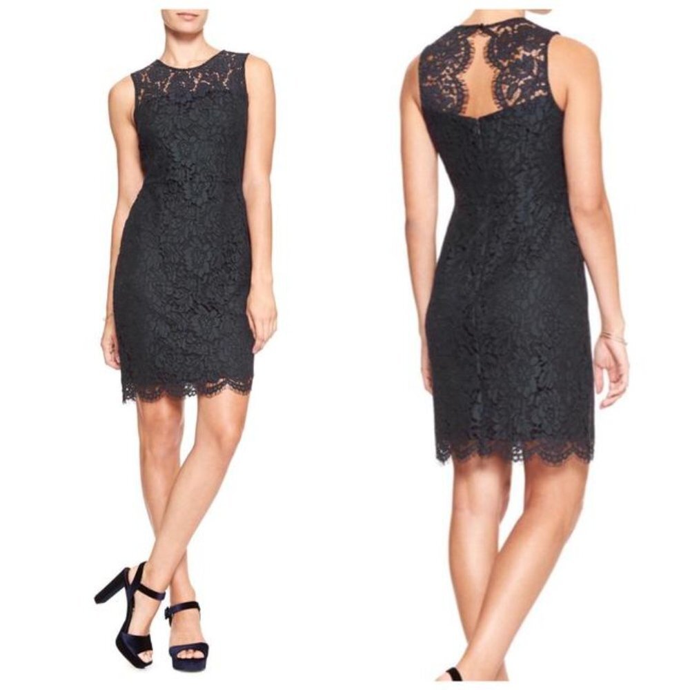 Banana Republic Black and Blue Floral Lace Pencil Bodycon Mini Dress P2513